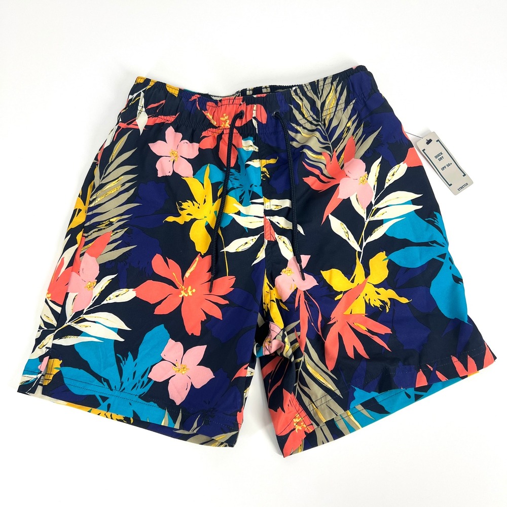 George Mens Swim Trunks Navy Blue Floral Tropical Quick Dry UPF 50+ Small 28-30